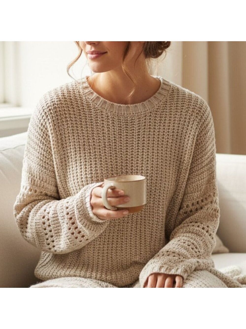 🌙 moon & madison Open-Knit Textured Sweater – Size M – Soft Neutral Cream